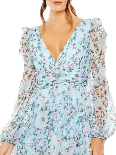 Mac Duggal Women's Floral Chiffon Tiered Midi-Dress - Aqua Multi | Thumbnail 3 Mac Duggal Women's Floral Chiffon Tiered Midi-Dress - Aqua Multi | Thumbnail 3
