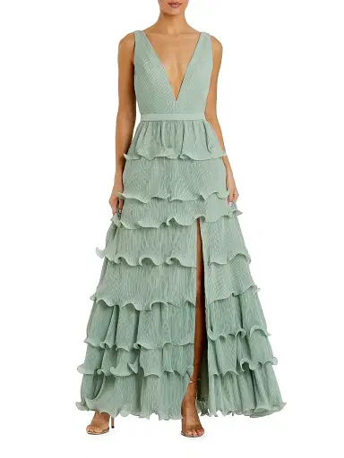 Mac Duggal Women's Ruffled V-Neck Tiered Maxi Dress - Sage | Thumbnail 1 Mac Duggal Women's Ruffled V-Neck Tiered Maxi Dress - Sage | Thumbnail 1