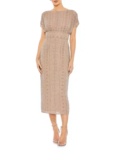 Mac Duggal Women's Beaded Mesh Column Midi-Dress - Dark Mocha | Thumbnail 2 Mac Duggal Women's Beaded Mesh Column Midi-Dress - Dark Mocha | Thumbnail 2