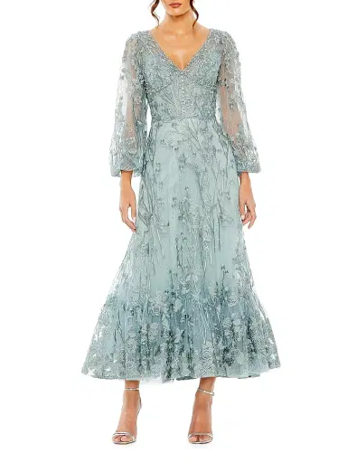 Mac Duggal Women's Embroidered Floral Puff-Sleeve Gown - Seafoam | Thumbnail 1 Mac Duggal Women's Embroidered Floral Puff-Sleeve Gown - Seafoam | Thumbnail 1