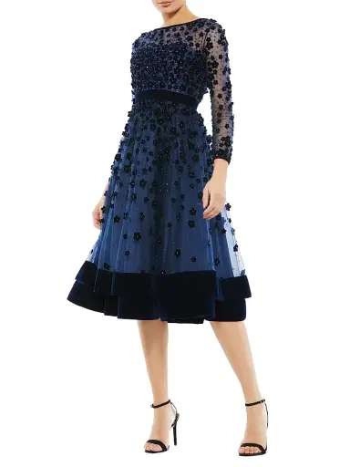 Mac Duggal Women's Floral Appliqué Tea Dress - Midnight | Thumbnail 2 Mac Duggal Women's Floral Appliqué Tea Dress - Midnight | Thumbnail 2