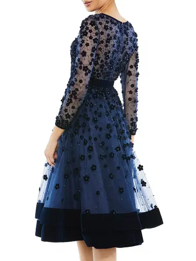 Mac Duggal Women's Floral Appliqué Tea Dress - Midnight | Thumbnail 3 Mac Duggal Women's Floral Appliqué Tea Dress - Midnight | Thumbnail 3