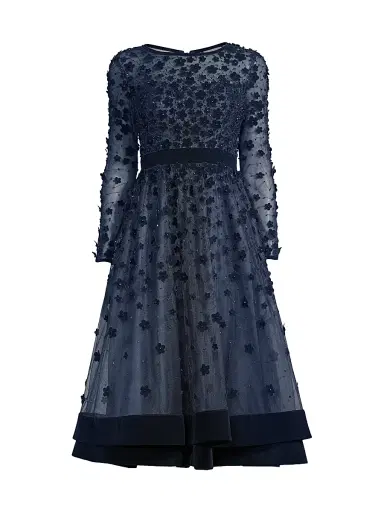 Mac Duggal Women's Floral Appliqué Tea Dress - Midnight | Thumbnail 1 Mac Duggal Women's Floral Appliqué Tea Dress - Midnight | Thumbnail 1
