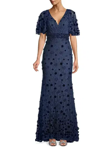Mac Duggal Women's Floral Embellished V-Neck Gown - Midnight - Size 18 | Thumbnail 2 Mac Duggal Women's Floral Embellished V-Neck Gown - Midnight - Size 18 | Thumbnail 2