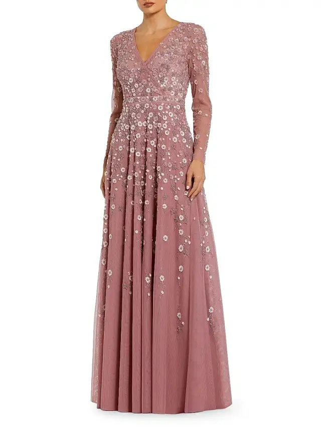 Women's Sequin Embellished Long-Sleeve Gown - Berry Women's Sequin Embellished Long-Sleeve Gown - Berry