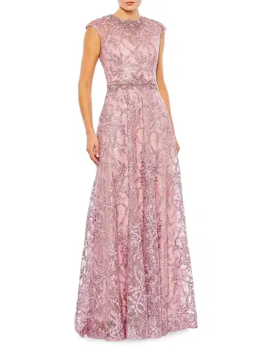 Mac Duggal Women's Embroidered Illusion Cap-Sleeve Gown - Rose | Thumbnail 1 Mac Duggal Women's Embroidered Illusion Cap-Sleeve Gown - Rose | Thumbnail 1