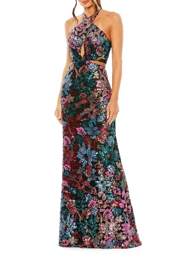 Mac Duggal Women's Floral Sequined Cut-Out Halter Gown | Thumbnail 1 Mac Duggal Women's Floral Sequined Cut-Out Halter Gown | Thumbnail 1