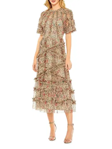 Mac Duggal Women's Ruffled Floral Mesh Midi-Dress - Beige Multi - Size 18 | Thumbnail 1 Mac Duggal Women's Ruffled Floral Mesh Midi-Dress - Beige Multi - Size 18 | Thumbnail 1