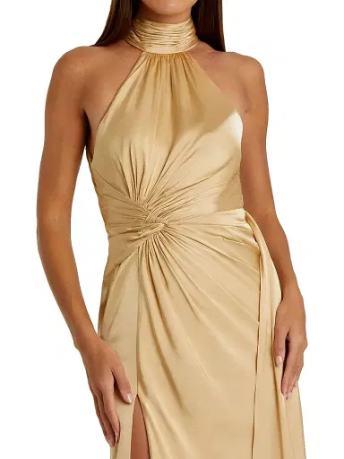 Mac Duggal Women's Halterneck Open-Back Satin Gown - Gold - Size 12 | Thumbnail 3 Mac Duggal Women's Halterneck Open-Back Satin Gown - Gold - Size 12 | Thumbnail 3