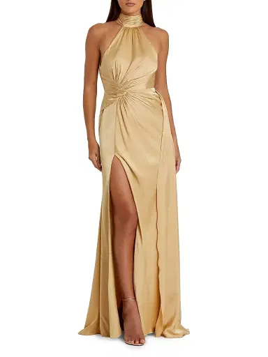 Mac Duggal Women's Halterneck Open-Back Satin Gown - Gold - Size 12 | Thumbnail 1 Mac Duggal Women's Halterneck Open-Back Satin Gown - Gold - Size 12 | Thumbnail 1