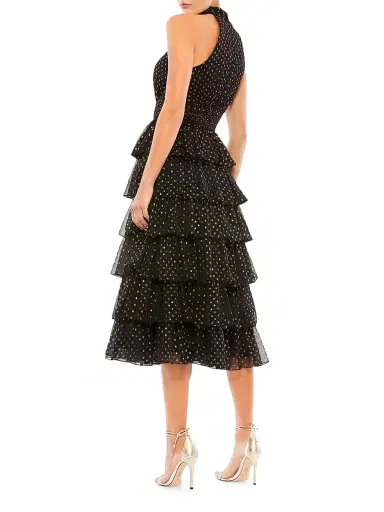Mac Duggal Women's High-Neck Tiered Dotted Midi-Dress - Black Gold | Thumbnail 2 Mac Duggal Women's High-Neck Tiered Dotted Midi-Dress - Black Gold | Thumbnail 2