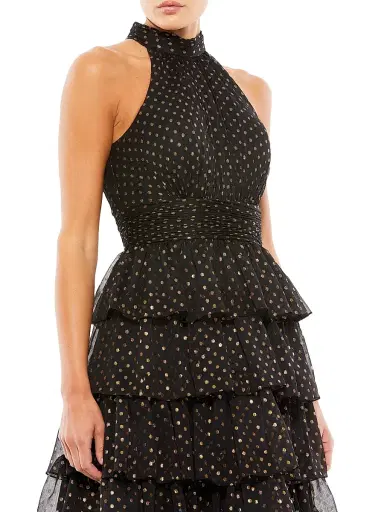 Mac Duggal Women's High-Neck Tiered Dotted Midi-Dress - Black Gold | Thumbnail 3 Mac Duggal Women's High-Neck Tiered Dotted Midi-Dress - Black Gold | Thumbnail 3