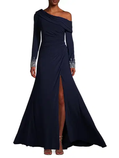 Mac Duggal Women's One-Shoulder Jersey Ruched Side Slit Gown - Midnight | Thumbnail 2 Mac Duggal Women's One-Shoulder Jersey Ruched Side Slit Gown - Midnight | Thumbnail 2