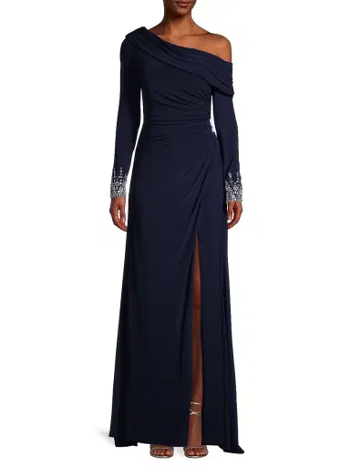 Mac Duggal Women's One-Shoulder Jersey Ruched Side Slit Gown - Midnight | Thumbnail 3 Mac Duggal Women's One-Shoulder Jersey Ruched Side Slit Gown - Midnight | Thumbnail 3