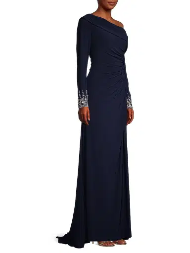 Mac Duggal Women's One-Shoulder Jersey Ruched Side Slit Gown - Midnight | Thumbnail 4 Mac Duggal Women's One-Shoulder Jersey Ruched Side Slit Gown - Midnight | Thumbnail 4