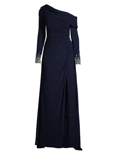 Mac Duggal Women's One-Shoulder Jersey Ruched Side Slit Gown - Midnight | Thumbnail 1 Mac Duggal Women's One-Shoulder Jersey Ruched Side Slit Gown - Midnight | Thumbnail 1