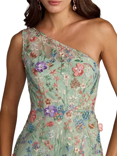 Mac Duggal Women's One-Shoulder Floral Embroidered Gown - Sage Multi | Thumbnail 3 Mac Duggal Women's One-Shoulder Floral Embroidered Gown - Sage Multi | Thumbnail 3