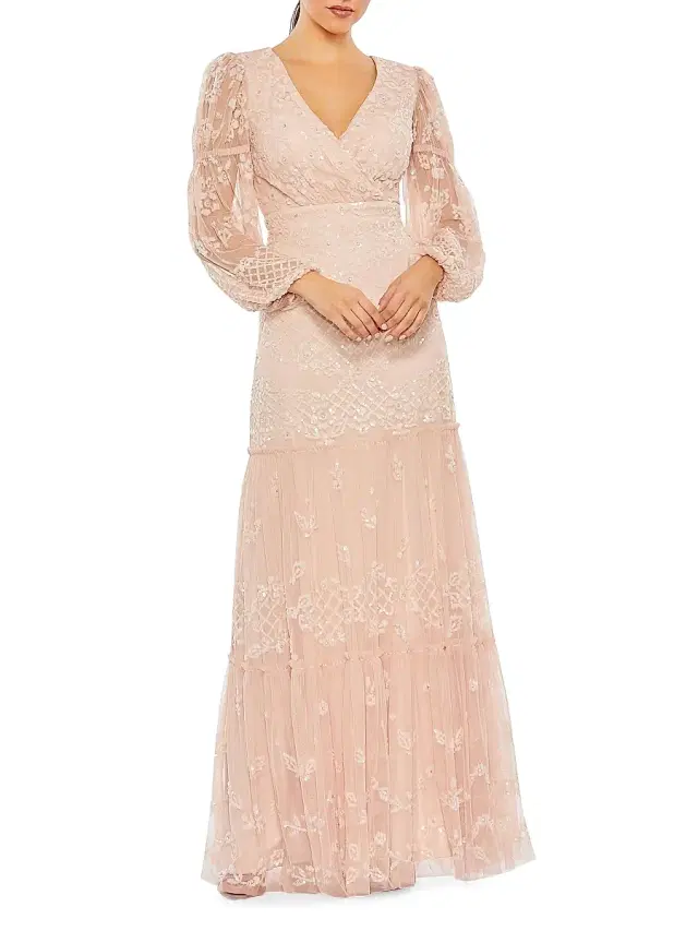 Women's Embellished Tulle Puff-Sleeve Gown - Blush Women's Embellished Tulle Puff-Sleeve Gown - Blush