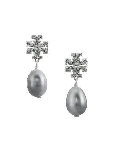 Tory Burch Women's Goldtone, Crystal & Faux-Pearl Logo Drop Earrings - Tory Silver Pearl | Thumbnail 1 Tory Burch Women's Goldtone, Crystal & Faux-Pearl Logo Drop Earrings - Tory Silver Pearl | Thumbnail 1