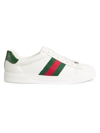 Gucci Men's Ace Leather Web Low-Top Sneakers - Green Multi | Thumbnail 1 Gucci Men's Ace Leather Web Low-Top Sneakers - Green Multi | Thumbnail 1