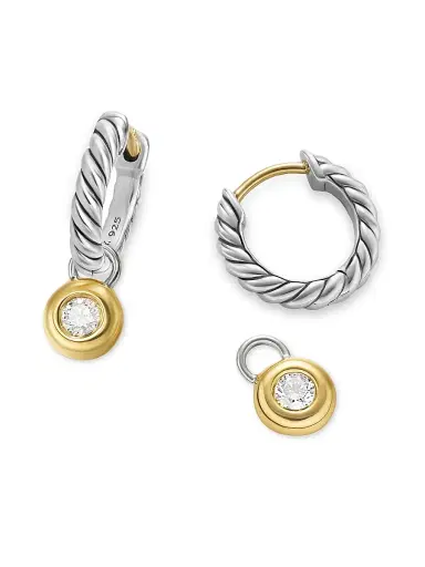 David Yurman Women's Petite Cable Huggie Drop Earrings in Sterling Silver with 14K Yellow Gold and Diamonds, 17.5MM - Diamond | Thumbnail 5 David Yurman Women's Petite Cable Huggie Drop Earrings in Sterling Silver with 14K Yellow Gold and Diamonds, 17.5MM - Diamond | Thumbnail 5