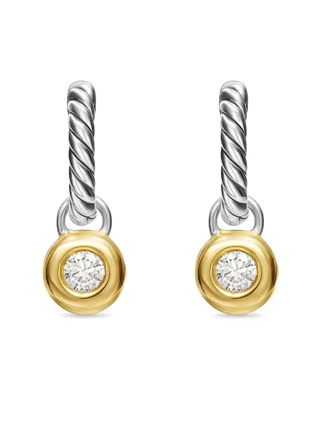 Women's Petite Cable Huggie Drop Earrings in Sterling Silver with 14K Yellow Gold and Diamonds, 17.5MM - Diamond Women's Petite Cable Huggie Drop Earrings in Sterling Silver with 14K Yellow Gold and Diamonds, 17.5MM - Diamond