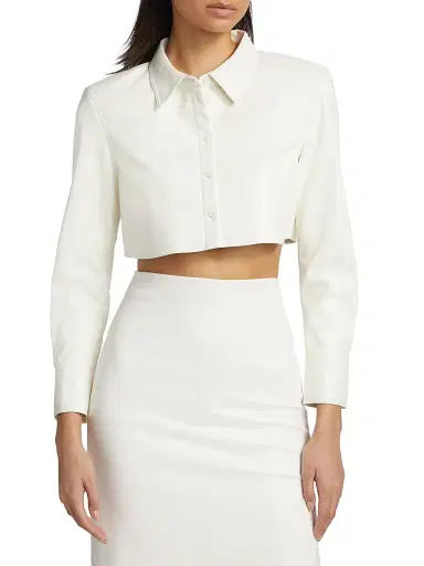 ALICE + OLIVIA Women's Leon Vegan Leather Crop Shirt - Off White | Thumbnail 3 ALICE + OLIVIA Women's Leon Vegan Leather Crop Shirt - Off White | Thumbnail 3