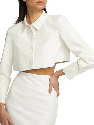 ALICE + OLIVIA Women's Leon Vegan Leather Crop Shirt - Off White | Thumbnail 6 ALICE + OLIVIA Women's Leon Vegan Leather Crop Shirt - Off White | Thumbnail 6