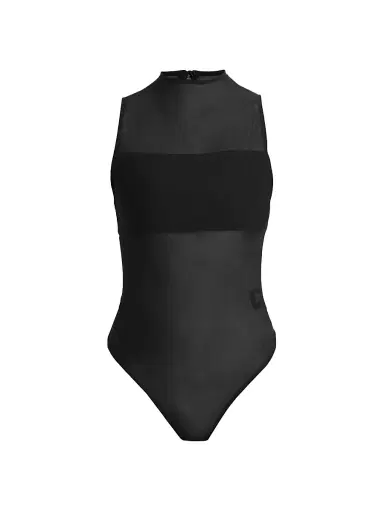 ALICE + OLIVIA Women's Nichol Mesh Mock Turtleneck Bodysuit - Black | Thumbnail 1 ALICE + OLIVIA Women's Nichol Mesh Mock Turtleneck Bodysuit - Black | Thumbnail 1