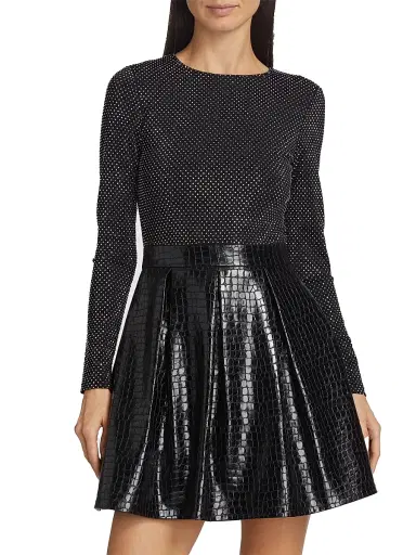 ALICE + OLIVIA Women's Chara Crocodile-Embossed Faux Leather Minidress - Black | Thumbnail 3 ALICE + OLIVIA Women's Chara Crocodile-Embossed Faux Leather Minidress - Black | Thumbnail 3