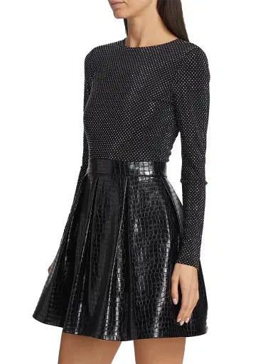 ALICE + OLIVIA Women's Chara Crocodile-Embossed Faux Leather Minidress - Black | Thumbnail 4 ALICE + OLIVIA Women's Chara Crocodile-Embossed Faux Leather Minidress - Black | Thumbnail 4