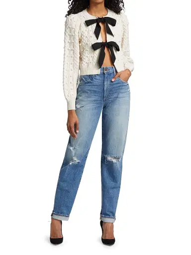 ALICE + OLIVIA Women's Kitty Puff-Sleeve Cardigan - Soft White Black | Thumbnail 2 ALICE + OLIVIA Women's Kitty Puff-Sleeve Cardigan - Soft White Black | Thumbnail 2