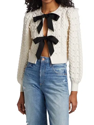 ALICE + OLIVIA Women's Kitty Puff-Sleeve Cardigan - Soft White Black | Thumbnail 3 ALICE + OLIVIA Women's Kitty Puff-Sleeve Cardigan - Soft White Black | Thumbnail 3