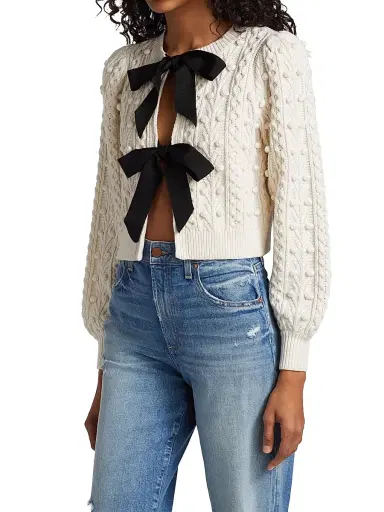 ALICE + OLIVIA Women's Kitty Puff-Sleeve Cardigan - Soft White Black | Thumbnail 4 ALICE + OLIVIA Women's Kitty Puff-Sleeve Cardigan - Soft White Black | Thumbnail 4