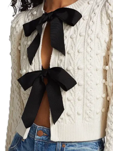 ALICE + OLIVIA Women's Kitty Puff-Sleeve Cardigan - Soft White Black | Thumbnail 6 ALICE + OLIVIA Women's Kitty Puff-Sleeve Cardigan - Soft White Black | Thumbnail 6