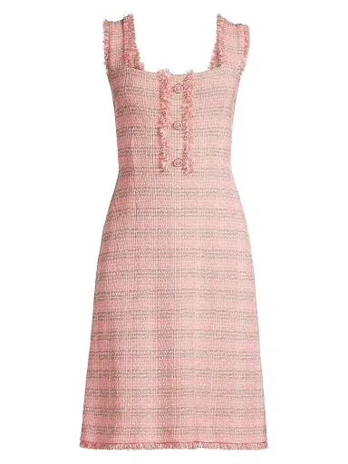 Misook Women's Fringe-Trim Tweed A-Line Minidress - Porcelain Pink Ocean | Thumbnail 1 Misook Women's Fringe-Trim Tweed A-Line Minidress - Porcelain Pink Ocean | Thumbnail 1