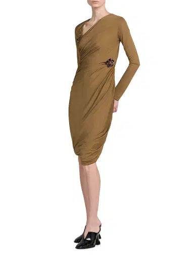 Bottega Veneta Women's Asymmetric Brooch-Embellished Midi-Dress - Acorn - Size 8 | Thumbnail 4 Bottega Veneta Women's Asymmetric Brooch-Embellished Midi-Dress - Acorn - Size 8 | Thumbnail 4
