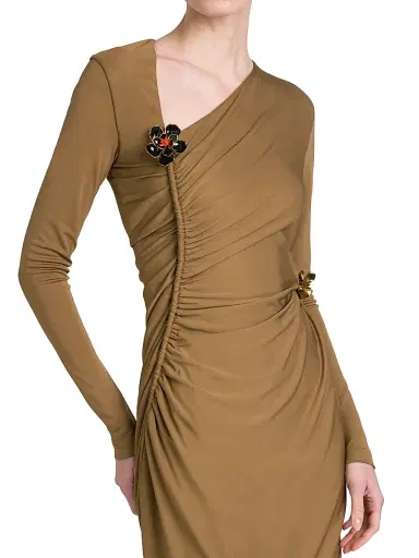 Bottega Veneta Women's Asymmetric Brooch-Embellished Midi-Dress - Acorn - Size 8 | Thumbnail 6 Bottega Veneta Women's Asymmetric Brooch-Embellished Midi-Dress - Acorn - Size 8 | Thumbnail 6