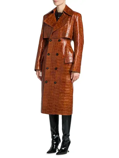 Bottega Veneta Women's Double-Breasted Croc-Embossed Leather Coat - Burnt Orange | Thumbnail 4 Bottega Veneta Women's Double-Breasted Croc-Embossed Leather Coat - Burnt Orange | Thumbnail 4