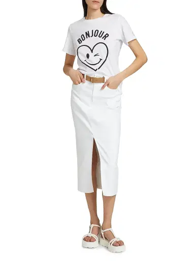Cinq à Sept Women's Bonjour Smiling Heat Graphic Cotton T-Shirt - White Black | Thumbnail 2 Cinq à Sept Women's Bonjour Smiling Heat Graphic Cotton T-Shirt - White Black | Thumbnail 2