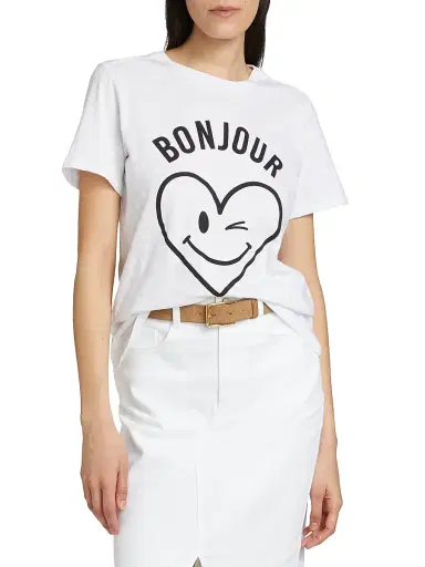 Cinq à Sept Women's Bonjour Smiling Heat Graphic Cotton T-Shirt - White Black | Thumbnail 3 Cinq à Sept Women's Bonjour Smiling Heat Graphic Cotton T-Shirt - White Black | Thumbnail 3