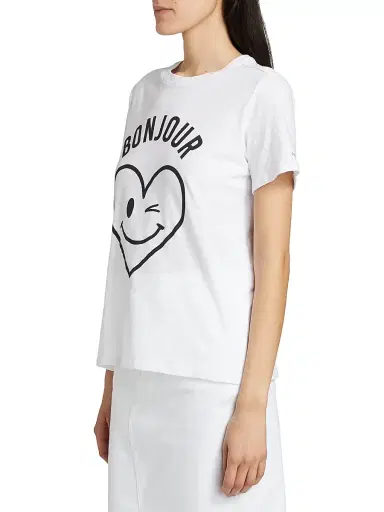 Cinq à Sept Women's Bonjour Smiling Heat Graphic Cotton T-Shirt - White Black | Thumbnail 4 Cinq à Sept Women's Bonjour Smiling Heat Graphic Cotton T-Shirt - White Black | Thumbnail 4