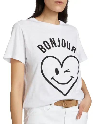 Cinq à Sept Women's Bonjour Smiling Heat Graphic Cotton T-Shirt - White Black | Thumbnail 6 Cinq à Sept Women's Bonjour Smiling Heat Graphic Cotton T-Shirt - White Black | Thumbnail 6