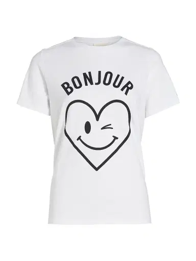 Cinq à Sept Women's Bonjour Smiling Heat Graphic Cotton T-Shirt - White Black | Thumbnail 1 Cinq à Sept Women's Bonjour Smiling Heat Graphic Cotton T-Shirt - White Black | Thumbnail 1
