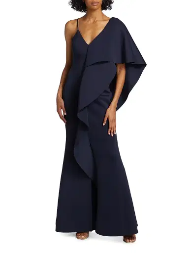 Badgley Mischka Women's Asymmetrical Neoprene Ruffle Gown - Navy | Thumbnail 2 Badgley Mischka Women's Asymmetrical Neoprene Ruffle Gown - Navy | Thumbnail 2