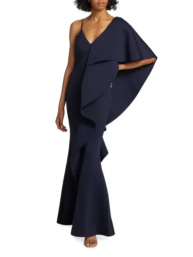 Badgley Mischka Women's Asymmetrical Neoprene Ruffle Gown - Navy | Thumbnail 3 Badgley Mischka Women's Asymmetrical Neoprene Ruffle Gown - Navy | Thumbnail 3