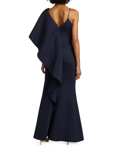 Badgley Mischka Women's Asymmetrical Neoprene Ruffle Gown - Navy | Thumbnail 5 Badgley Mischka Women's Asymmetrical Neoprene Ruffle Gown - Navy | Thumbnail 5