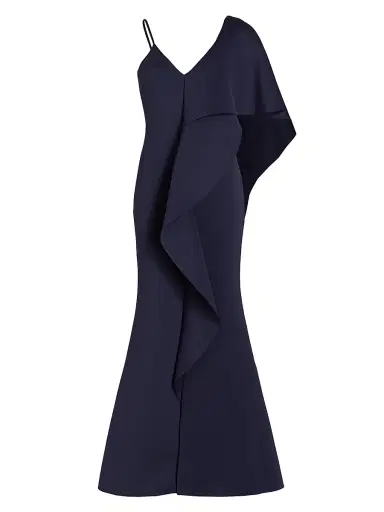 Badgley Mischka Women's Asymmetrical Neoprene Ruffle Gown - Navy | Thumbnail 1 Badgley Mischka Women's Asymmetrical Neoprene Ruffle Gown - Navy | Thumbnail 1