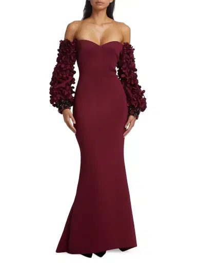 Badgley Mischka Women's Floral Appliqué Off-The-Shoulder Gown - Wine | Thumbnail 2 Badgley Mischka Women's Floral Appliqué Off-The-Shoulder Gown - Wine | Thumbnail 2