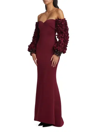 Badgley Mischka Women's Floral Appliqué Off-The-Shoulder Gown - Wine | Thumbnail 3 Badgley Mischka Women's Floral Appliqué Off-The-Shoulder Gown - Wine | Thumbnail 3